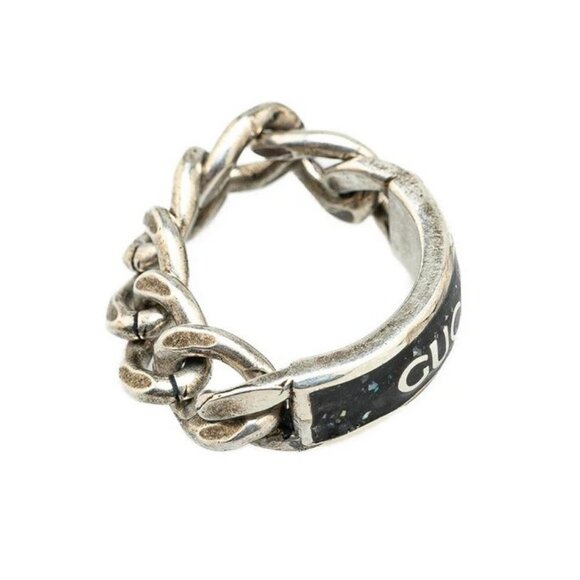 GUCCI Logo Black Plate Chain Ring size US10 Silver 925 Auth w/Box #09505 - Picture 5 of 7